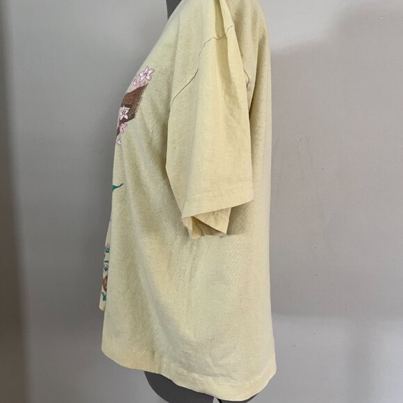 VTG 80s Sz M Yellow Cotton Kittens and Birds Cropped Tee Cute Animals - Picture 3 of 8